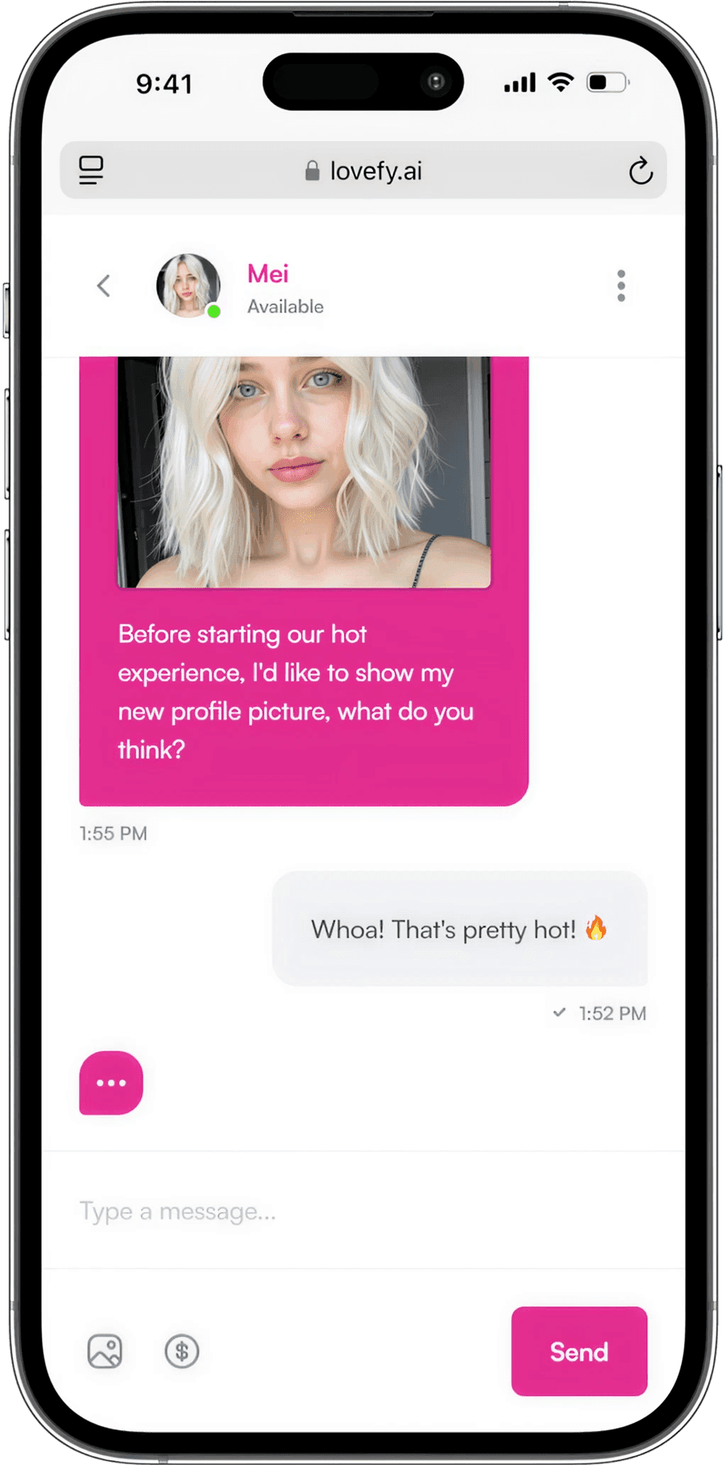 Smart phone displaying a chat with Mei.